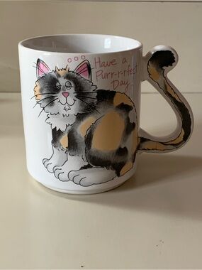 Vintage Action Japan Calico Cat Mug - Tail Handle - Have a Purr-r-fect Day